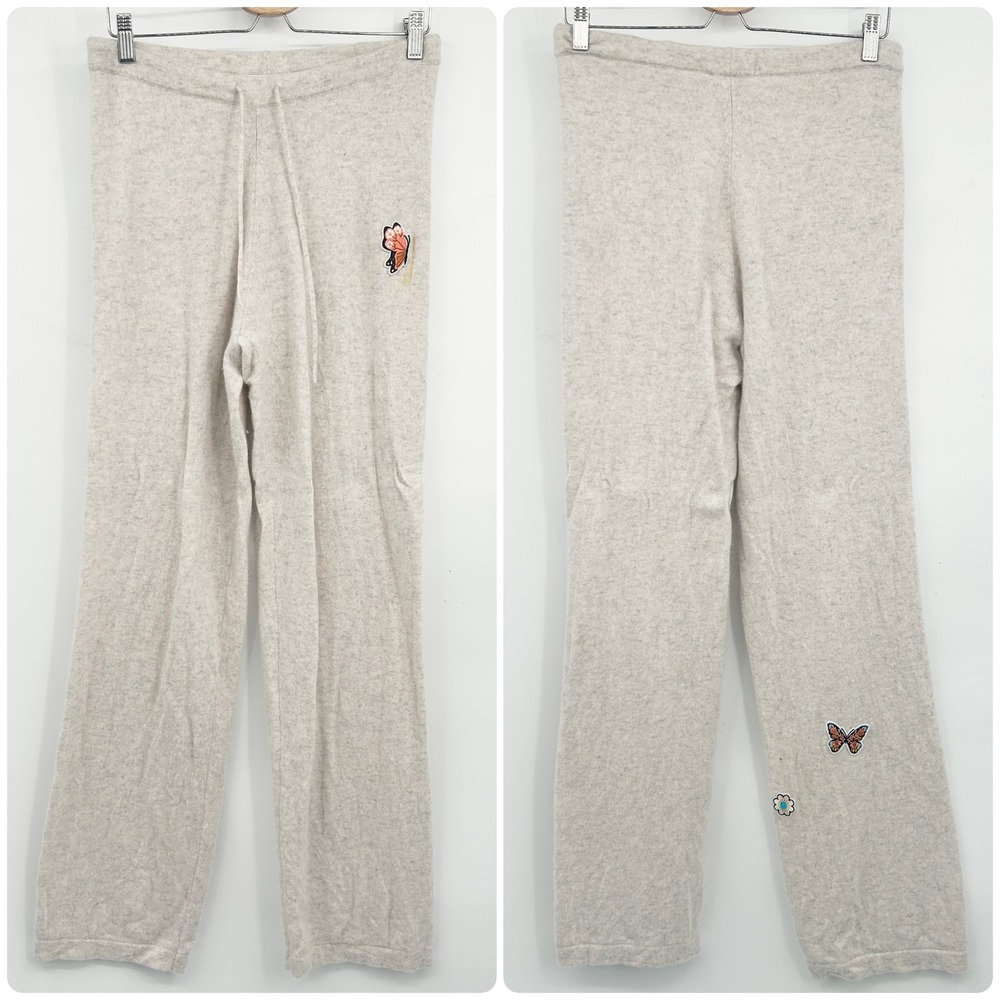 Frontgate Womens 100% Cashmere Butterfly Patch Lounge Pants S/M Oatmeal Heather